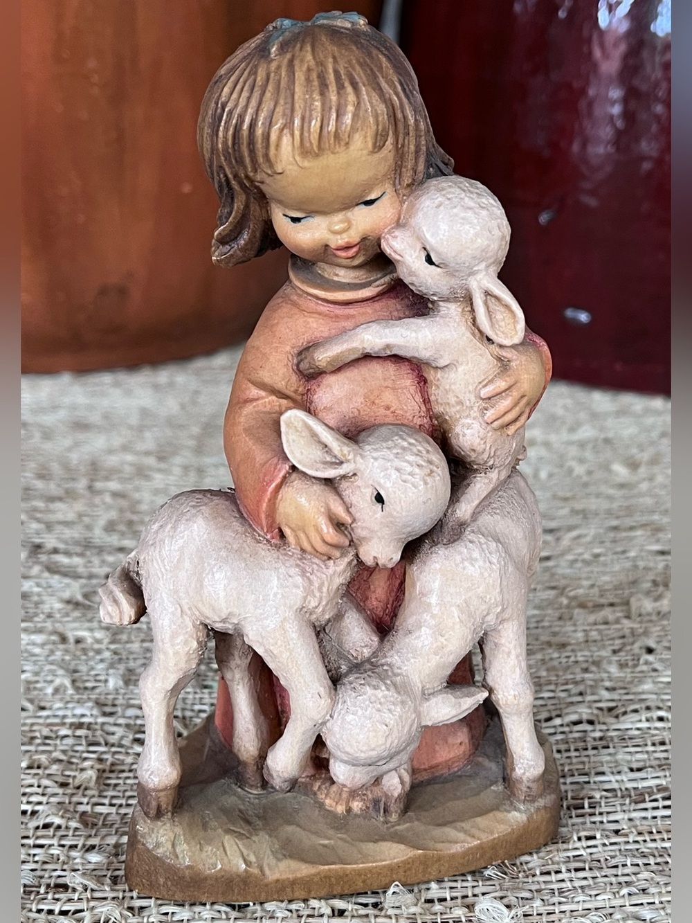 Anri Girl with Lambs Handcarved Handpainted 5.75” Italy Wood Resin